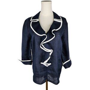 Talbots Vintage Shirt Size 14 Navy Linen White Ruffle Trim Button Down Nautical